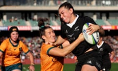 Georgia Ponsonby charges forward as New Zealand Black Ferns beat Australia Wallaroos 67-19 in their Pacific Four Series rugby union match at North Harbour Stadium