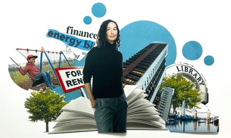 Jacqueline Crooks pictured among a collage showing children in a park, a library sign, Tower Bridge, a for rent sign, social housing blocks, and headlines about energy bills