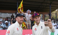 England captain Joe Root and Jack Leach, who took the final wicket, pose for a selfie in Colombo