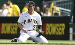 MLB: Cincinnati Reds at Pittsburgh Pirates<br>May 15, 2022; Pittsburgh, Pennsylvania, USA; Pittsburgh Pirates second baseman Josh VanMeter (26) reacts after throwing to first base to record the final out of the game against the Cincinnati Reds at PNC Park. The Pirates won 1-0 despite being no hit by the Reds. Mandatory Credit: Charles LeClaire-USA TODAY Sports