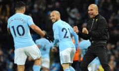 Manchester City manager Josep Guardiola, right, celebrates after Manchester City’s Raheem Sterling scored his side second goal during the English Premier League soccer match between Manchester City and Southampton at Etihad stadium, in Manchester, England, Wednesday, Nov. 29, 2017. (AP Photo/Rui Vieira)