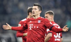 Bayern Munich’s Robert Lewandowski celebrates after scoring his side’s third goal in the 5-1 Bundesliga win at Borussia Mönchengladbach.