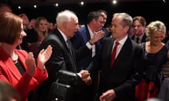 Paul Keating congratulates Bill Shorten after the Labor party campaign launch on Sunday.