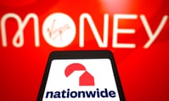 A Virgin Money sign with a smartphone showing the nationwide app in the foreground