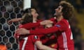 Henrikh Mkhitaryan is congratulated by Zlatan Ibrahimovic, Marouane Fellaini and Daley Blind, No17, on scoring for Manchester United against Rostov