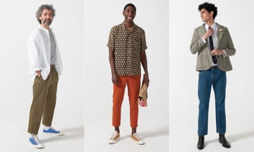 Three male models wearing shirts and trousers