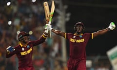 Carlos Brathwaite (right) celebrates after helping the West Indies win the T20 World Cup in 2016