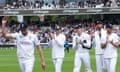 Gus Atkinson leaves the field to huge applause after taking seven wickets for 45 runs on his debut