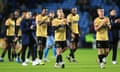 Sam Corne leads the Maidstone players’ applause for the 5,000 away fans at the game.