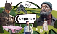 Images of film stars and sets superimposed on an English landscape with a road sign for Dagenham in the centre