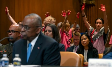 Protesters interrupt Senate hearing as US pauses bomb shipment to Israel – video