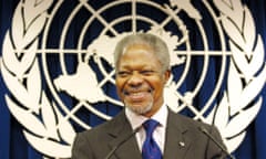 Kofi Annan at a news conference at United Nations headquarters in New York in 2001, after he and the UN were awarded the Nobel peace prize.