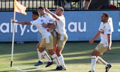 Newcastle Jets players celebrate Ronald Vargas’ goal