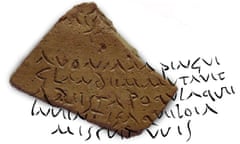 The fragment of pottery with the Virgil quote overlaid.