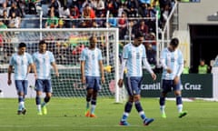 Argentina players show their disappointment during their defeat by Bolivia in a World Cup qualifier in La Paz.