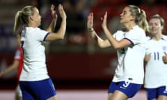 Alessia Russo celebrates scoring England's first goal with teammate Beth Mead during the women’s international friendly against Austria.