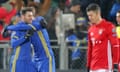 Rostov’s Aleksandr Gatskan and Miha Mevlja celebrate their victory against Bayern Munich, while Robert Lewandowski looks disconsolate