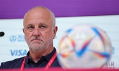 FIFA World Cup 2022 - Australia press conference<br>epa10317903 Australia head coach Graham Arnold attends a press conference at the Qatar National Convention Center (QNCC) in Doha, Qatar, 21 November 2022. Australia will play France in their group D match of the FIFA World Cup 2022 on 22 November. EPA/ABIR SULTAN