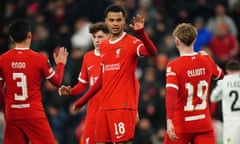 Cody Gakpo takes the congratulations after scoring Liverpool’s fourth.