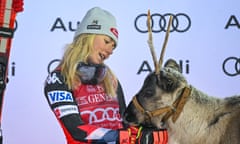 Mikaela Shiffrin with the reindeer that was part of her first-place prize