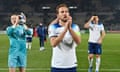 Harry Kane applauds the away fans after the 1-1 draw in Skopje.