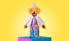 A figure made out of east Asian food items, standing on a bright pink and blue plinth, against a yellow background