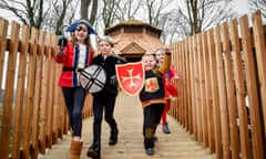 A group of children play at Dalkeith Country Park's Sky Maze at Fort Douglas, Scotland.