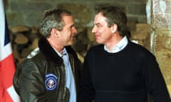 George W Bush and Tony Blair at a press conference on 23 February 2001, at Camp David, Maryland