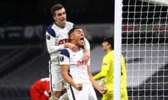 Tottenham Hotspur v Royal Antwerp: Group J - UEFA Europa League<br>LONDON, ENGLAND - DECEMBER 10: Carlos Vinicius of Tottenham Hotspur celebrates with Giovani Lo Celso of Tottenham Hotspur after scoring his sides 1st goal after scoring their team’s first goal during the UEFA Europa League Group J stage match between Tottenham Hotspur and Royal Antwerp at Tottenham Hotspur Stadium on December 10, 2020 in London, England. A limited number of fans (2000) are welcomed back to stadiums to watch elite football across England. This was following easing of restrictions on spectators in tiers one and two areas only. (Photo by Julian Finney/Getty Images)