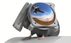 mouse on treadmill with face covered by VR goggles and image of a hovering hawk reflected in the lenses