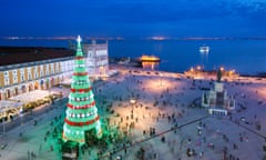 Christmas tree on Commerce square at twilight in Lisbon, Portugal<br>HEC3FG Christmas tree on Commerce square at twilight in Lisbon, Portugal