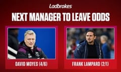 A tweets by Ladbrokes featuring the headline 'Ladbrokes next manager to leave odds' above the photos and odds on two managers