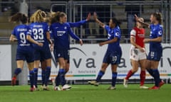 Hoffenheim's Chantal Hagel and teammates celebrate after scoring their second goal.
