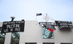 Pro-Palestine protesters unfurl banners over Parliament House