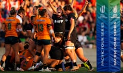 Canada players celebrate Tyson Beukeboom’s try in a comprehensive win over Australia in Ottawa.