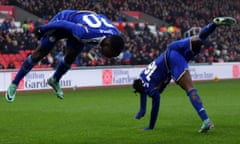 Patson Daka (left) and Abdul Fatawu celebrate as Leicester go three up against Stoke in the Championship on 3 February 2024.