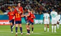 Spain’s Jennifer Hermoso jumps into the arms of teammate Alexia Putellas after scoring her side’s second goal