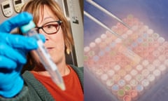 Left: Woman holding a test tube. Right: Group of test tube samples in a frozen tray.