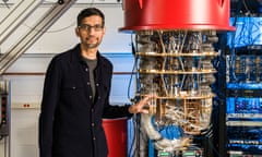 Sundar Pichai with one of Google’s quantum computers in the Santa Barbara lab.