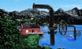 Illustration of oil pipe looming over a traditional Norwegian house on the coast