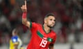 Youssef En-Nesyri celebrates after scoring Morocco’s third goal in their African Cup of Nations group game against Tanzania.