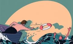Illustration of someone on a boat throwing a lifebuoy ring to a person in the sea, with the shadow of the ring in the shape of an open book
