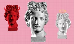 Collage on pink background of three busts, one with red ears and another with halo on top