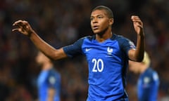 France’s forward Kylian Mbappe reacts after missing a shot on goal during the FIFA World Cup 2018 qualifying football match France vs Luxembourg on September 3, 2017 at the Municipal Stadium in Toulouse, southern France. / AFP PHOTO / FRANCK FIFEFRANCK FIFE/AFP/Getty Images