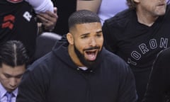 Drake yells courtside as the Toronto Raptors take on the Golden State Warriors in basketball’s NBA finals