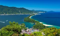 An aerial shot of Amanohashidate beach, near Kyoto, Japan.