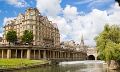 Pulteney Bridge and weir and the Grand Parade on the River Avon in the city of Bath Somerset.