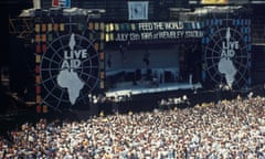 Crowds gather in front of the Live Aid stage at Wembley Stadium on 13 July 1985.