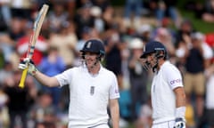 England's Harry Brook celebrates 150 runs alongside fellow centurion Joe Root on day one of the second Test against New Zealand at the Basin Reserve.