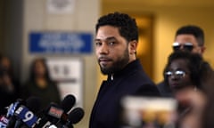 Actor Jussie Smollett talks to the media before leaving Cook county court in Chicago after his charges were dropped. 